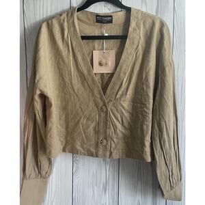 NEW Kittenish Beige Linen Blend Spring Long Sleeve Crop Shirt Size Medium